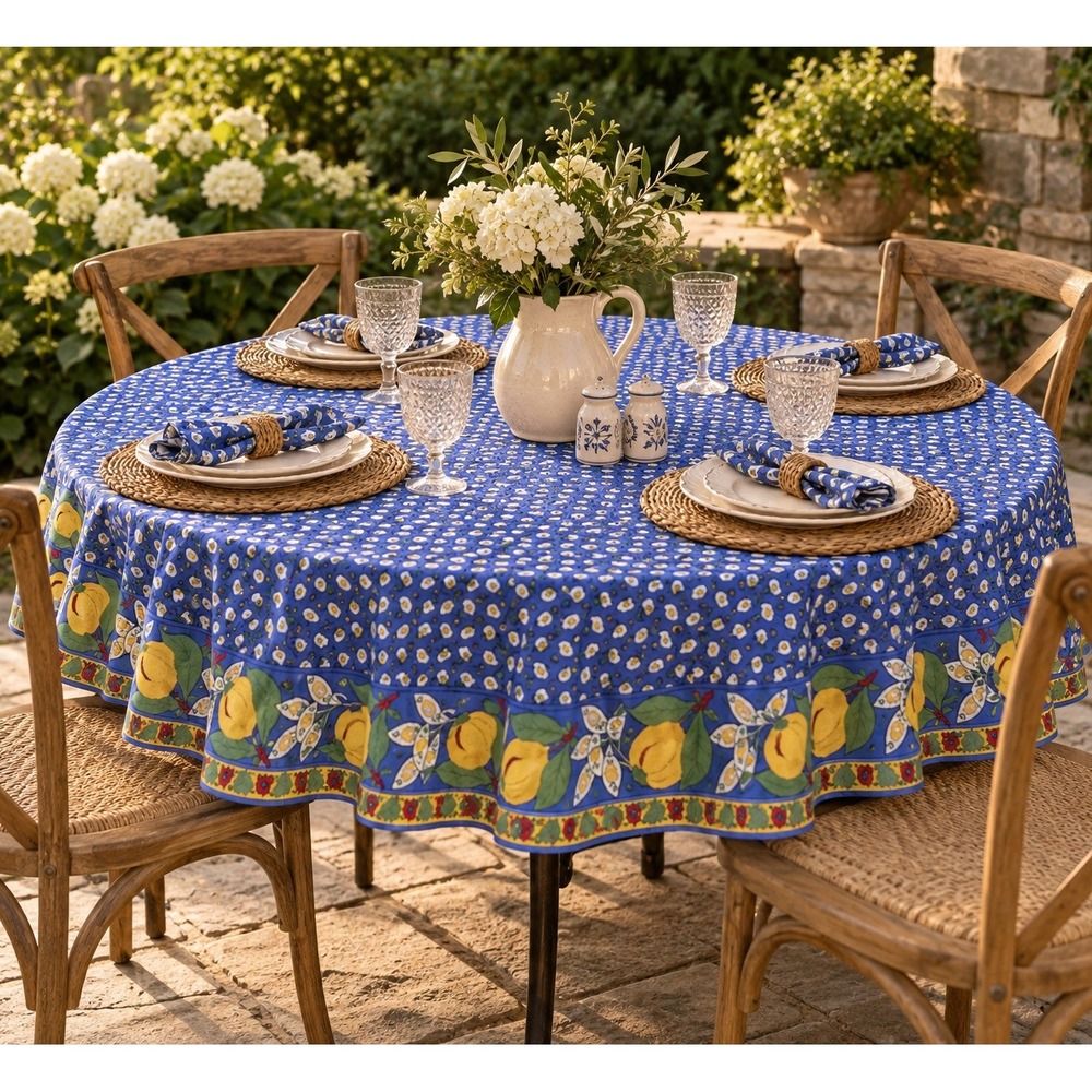 Vintage Williams Sonoma Blue Lemon Floral Round Tablecloth 80 Inch 100% Cotton